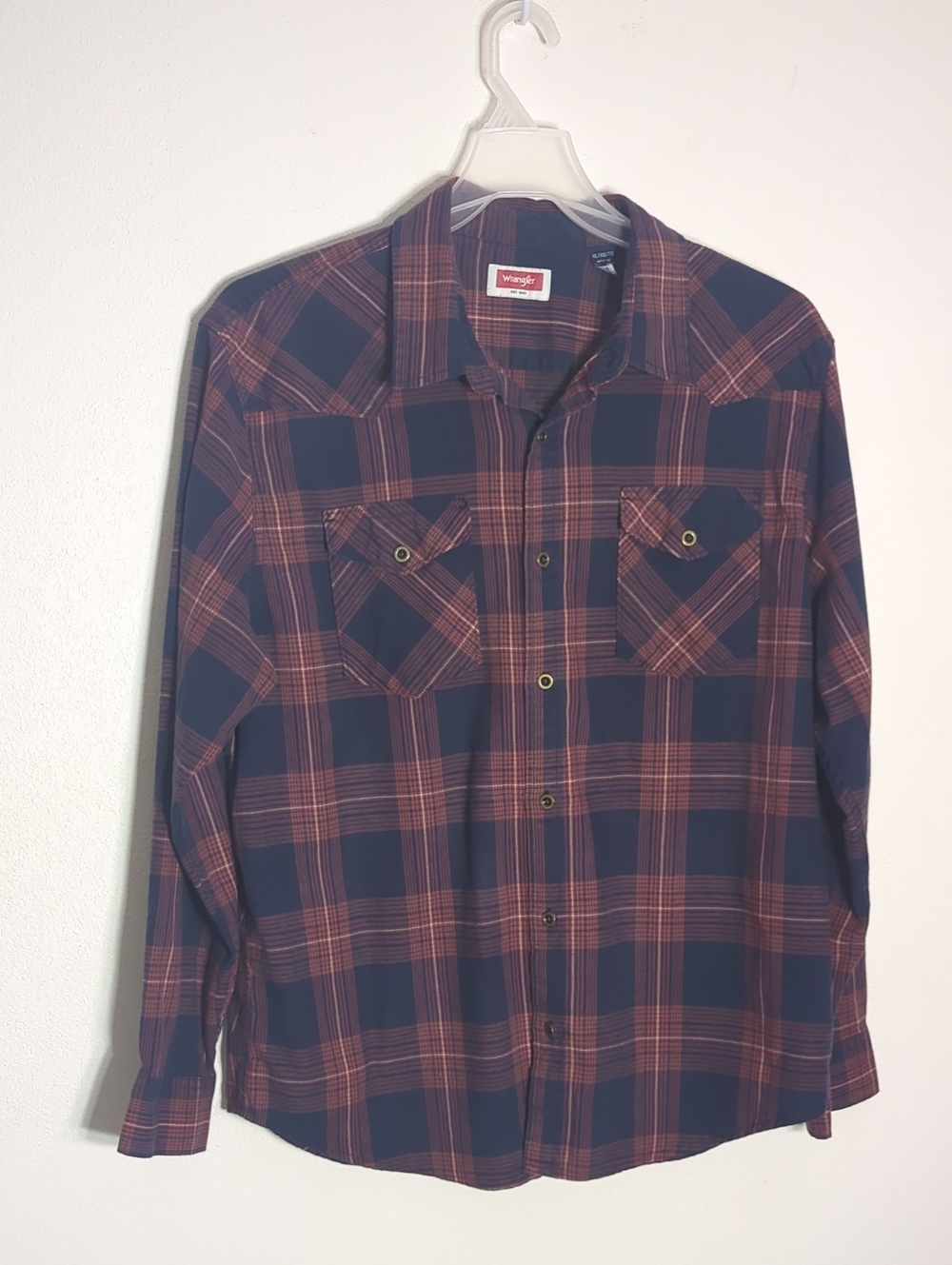 Wrangler Mens Button Down Shirt Plaid Western Cowboy Rancher Navy Rust Autumn XL